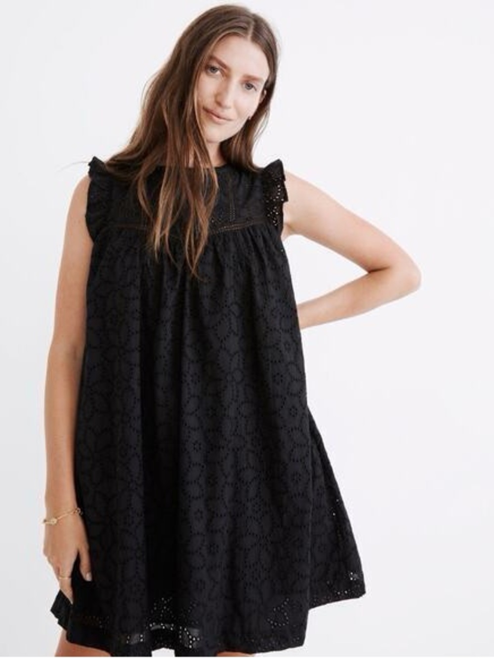 MADEWELL Black Eyelet Ruffle Sleeve Mini Dress Small Preppy European Summer